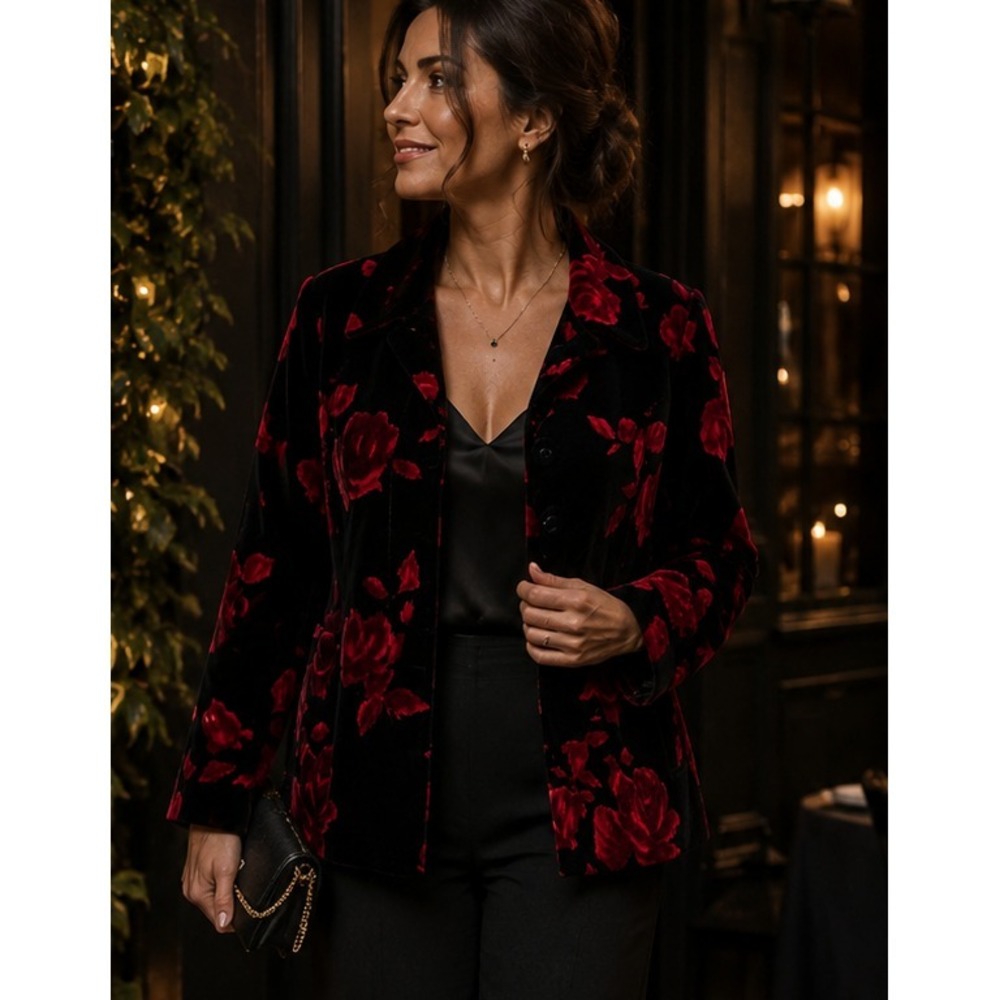 NWT Talbots Women Black Red Rose Velvet Jacket 16P Dark Romantic Gothic Coquette